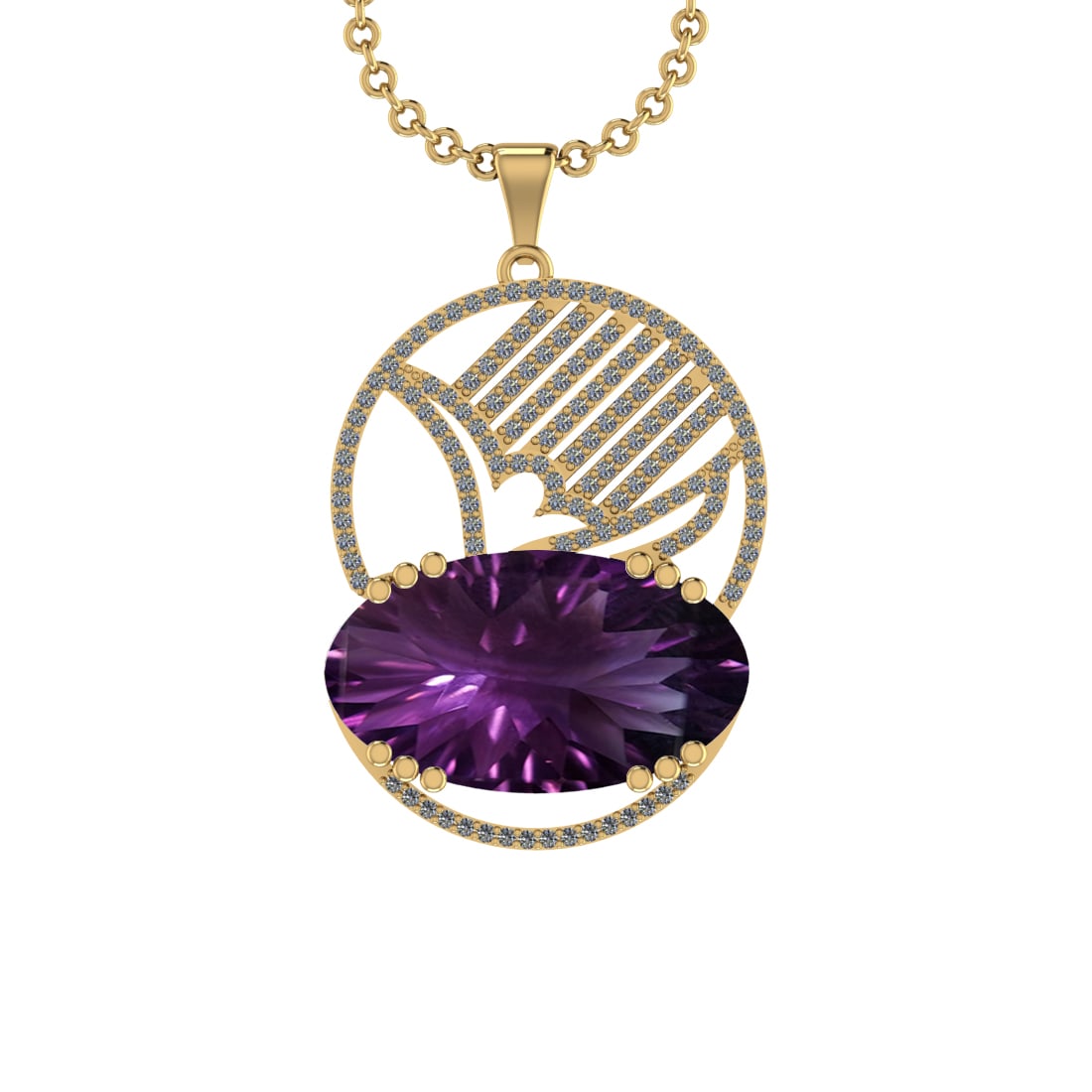 48.72 Ctw VS/SI1 Amethyst and Diamond Prong Set 14k Yellow Gold Pendant (AL: Center Stone Weight : 47.52 Ctw ( Oval Cut) Center Stone Color :-Amethyst Setting : Prong Side Weight Of Ctw 1.20 Ctw Color : J-K Clarity : VS/SI1 Stone Setting : Prong Metal Weight : Approx 9.70