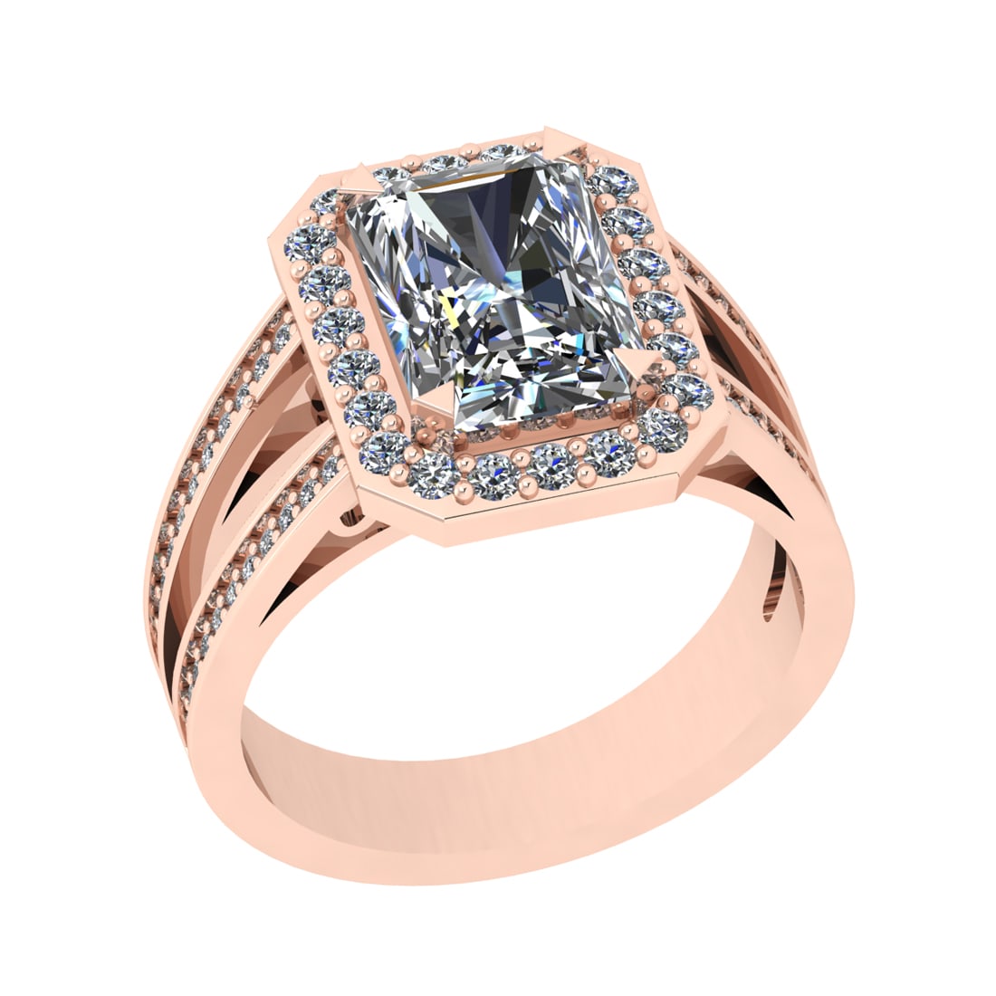 3.21 Ctw SI1/SI2 Diamond Prong Set 14k Rose Gold Engagement Ring: Center Daimond Weight :-2.50 Ctw ( Emerald Cut) Color : G-H Clarity : SI1/SI2 Side Diamond Weight Of Ctw 0.71 Ctw Color : G-H Clarity : SI1/SI2 Daimond Setting : Prong Metal Weight : Approx 4.91 gram 