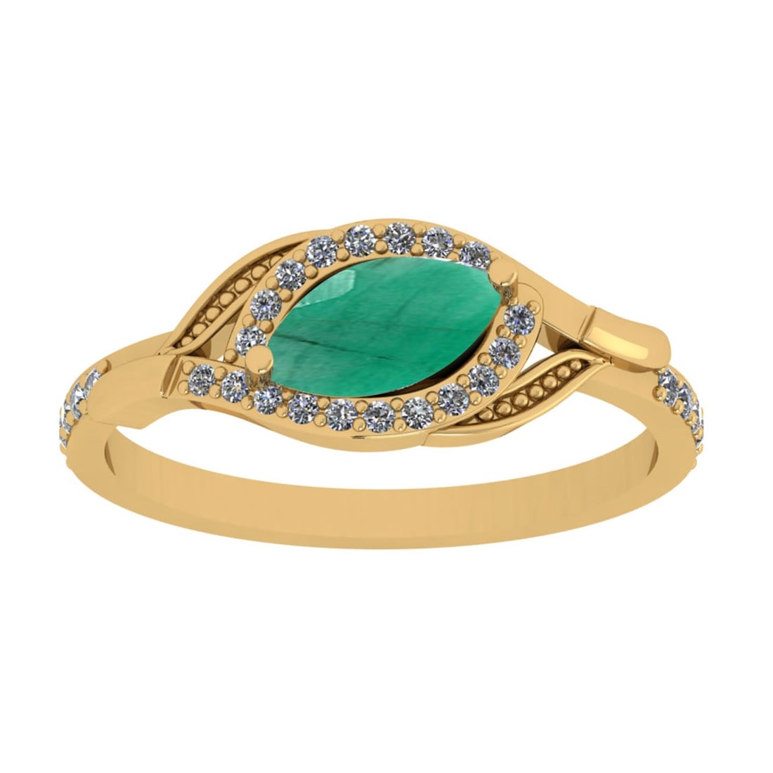 0.57 Ctw VS/SI1 Emerald And Diamond 14K Yellow Gold Engagement Ring: Center Stone Weight : 0.50 Ctw (Marquise Cut) Center Stone Color : Emerald Stone Setting : Prong Side Stone Weight Of Ctw 0.17 Ctw Side Stone Color : J-K Stone Clarity : VS/SI1 Stone Setting : Prong M