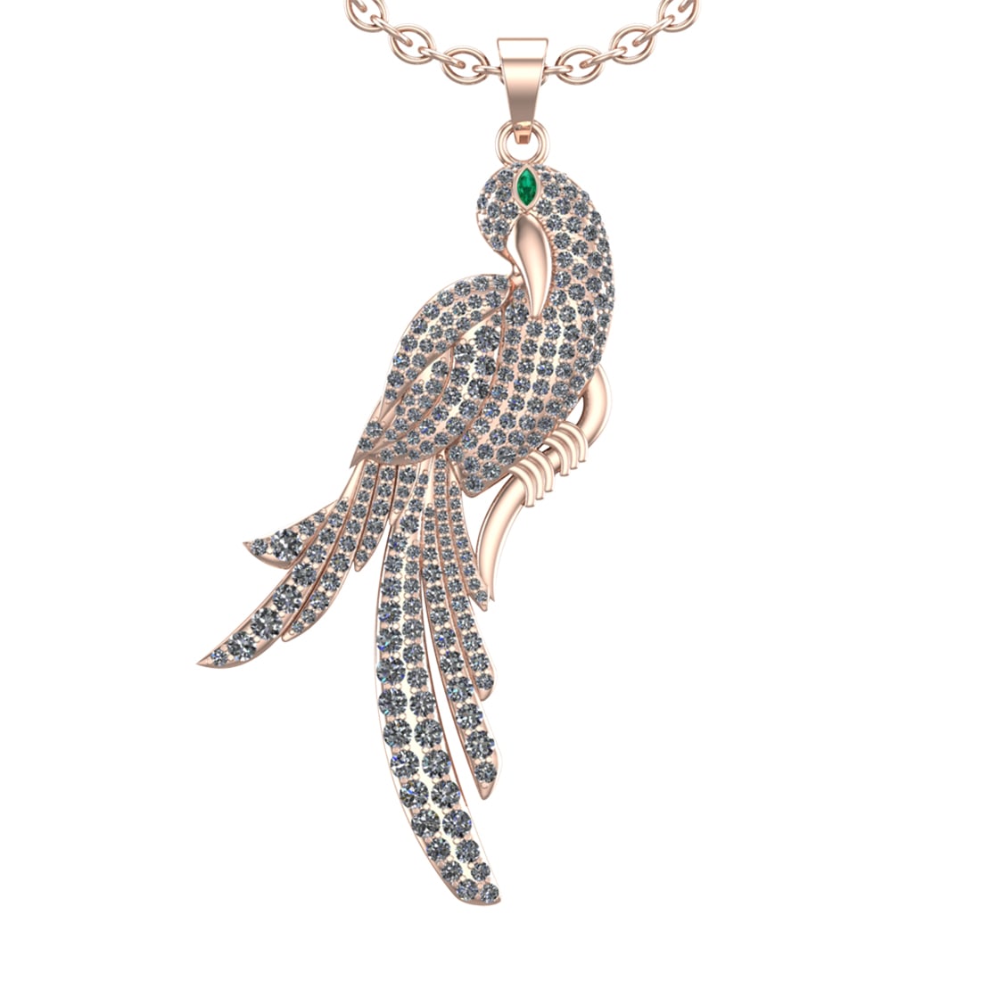 3.65 Ctw SI2/SI1 Diamond 14k Rose Gold Bird theme Pendant (ALL DIAMOND ARE: Eye stone Weight :- 0.14 ctw (Marquise cut) Eye Stone Color :- Emerald Total Diamond Weight :-3.51 Ctw (Round cut) Color :- G-H Clarity : SI2/SI1 Setting : Prong Metal Weight : Approx 18.90gram 14k Ro