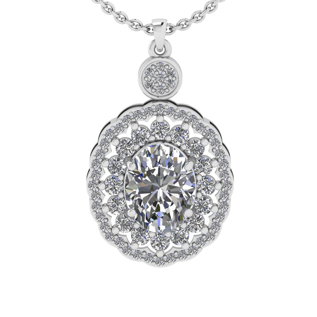 2.69 Ctw VS/SI1 Diamond 10K White Gold Pendant (ALL DIAMOND ARE LAB GROWN): Center Diamond Weight : 2.00 Ctw (Oval Cut) Color : J-K Clarity : VS/SI1 Setting : Prong Side Weight Of Ctw 0.69 Ctw Color : J-K Clarity : VS/SI1 Stone Setting : Prong Metal Weight : Approx 3.90 gram 