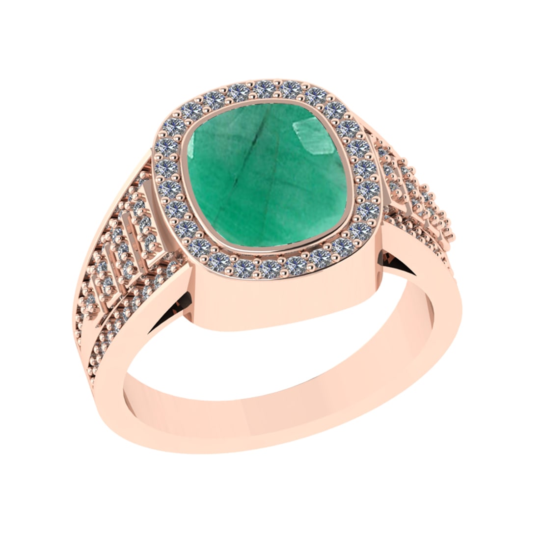 3.28 Ctw VS/SI1 Emerald and Diamond 14k Rose Gold Engagement Ring (ALL DIAM: Center Stone Weight :-2.70 Ctw ( Cushion Cut) Center Stone Color :-Emerald Center Stone Setting : Prong Side Diamond Weight Of Ctw 0.58 Ctw Color : G-H Clarity : VS/SI1 Daimond Setting : Prong Metal