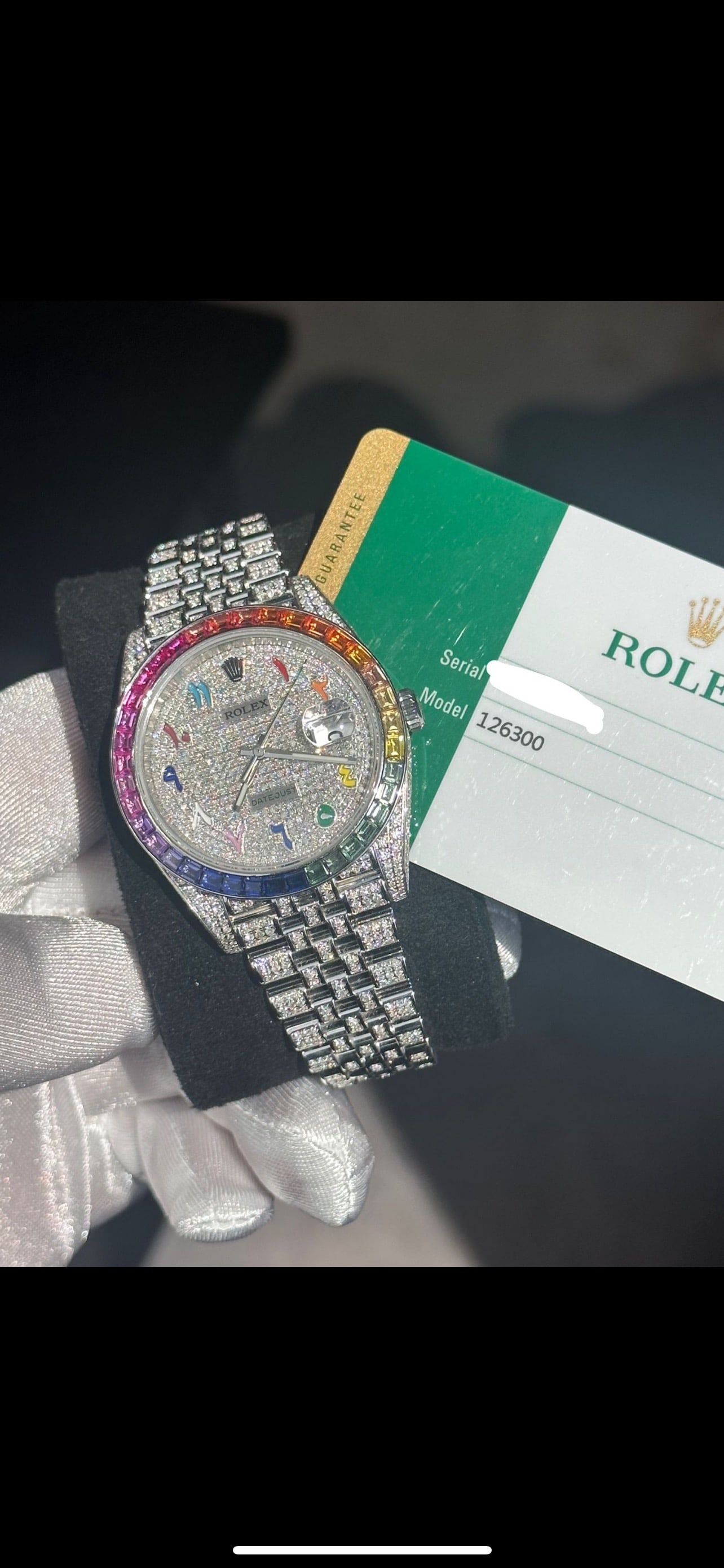 CUSTOM ROLEX DATEJUST 41 MM REF 126300 W/RAINBOW BEZEL & ARABIC RAINBOW DIA: CUSTOM ROLEX DATEJUST 41 MM REF 126300 W/RAINBOW BEZEL & ARABIC RAINBOW DIAL FULL DIAMOND WATCH (G-H, SI1-SI2) COMES WITH BOX, PAPERS & APPRAISAL #3SS10642v8