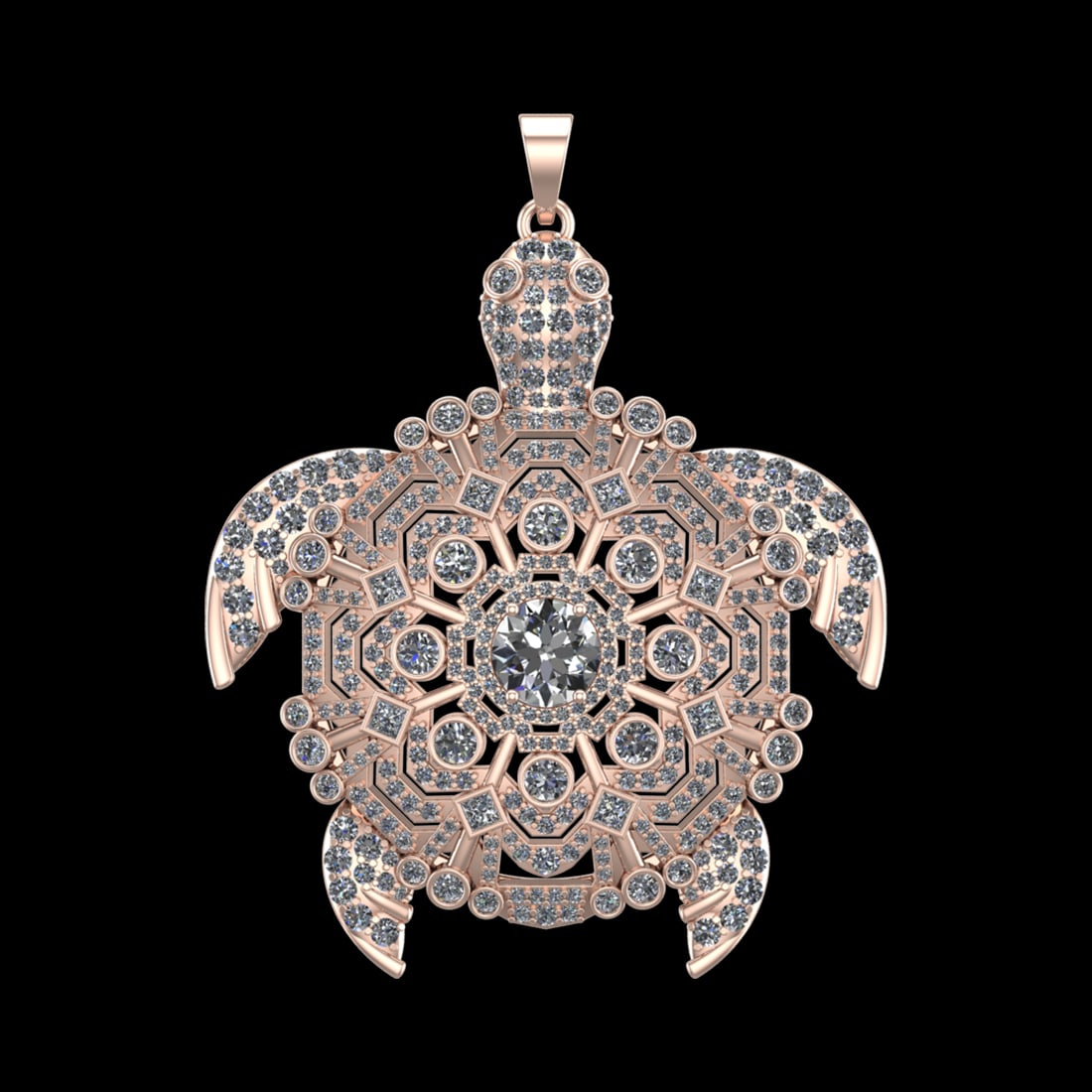 11.77 Ctw SI1/SI2Diamond Prong Set 10k Rose Gold Turtle Theme Pendant (ALL: Center Daimond Weight :-2.75 Ctw ( Round Cut) Color : J-K Clarity : SI1/SI2 Side Diamond Weight Of Ctw 9.02 Ctw Color : J-K Clarity : SI1/SI2 Daimond Setting : Prong Metal Weight : Approx 46.22 gram