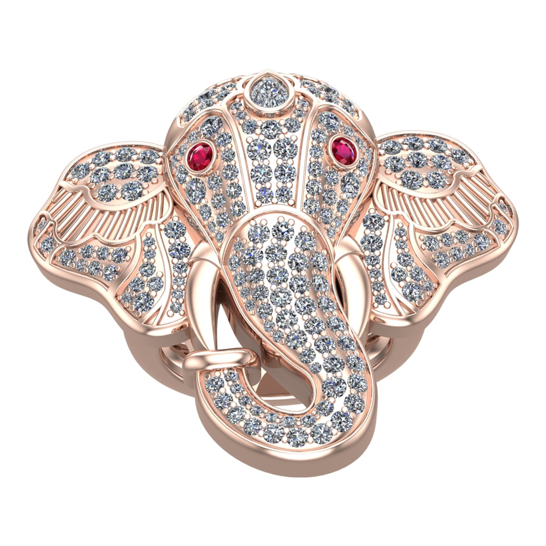 3.09 Ctw VS/SI1 Diamond 14k Rose Gold Elephant theme Ring (ALL DIAMOND ARE: Eye Stone Weight :- 0.08 Eye Stone Color :- (Ruby) Total Daimond Weight :-3.00 Ctw Color : G-H Clarity : VS/SI1 Setting : Prong Metal Weight : Approx 25.64 gram 14k Rose Gold Elephant theme Ring