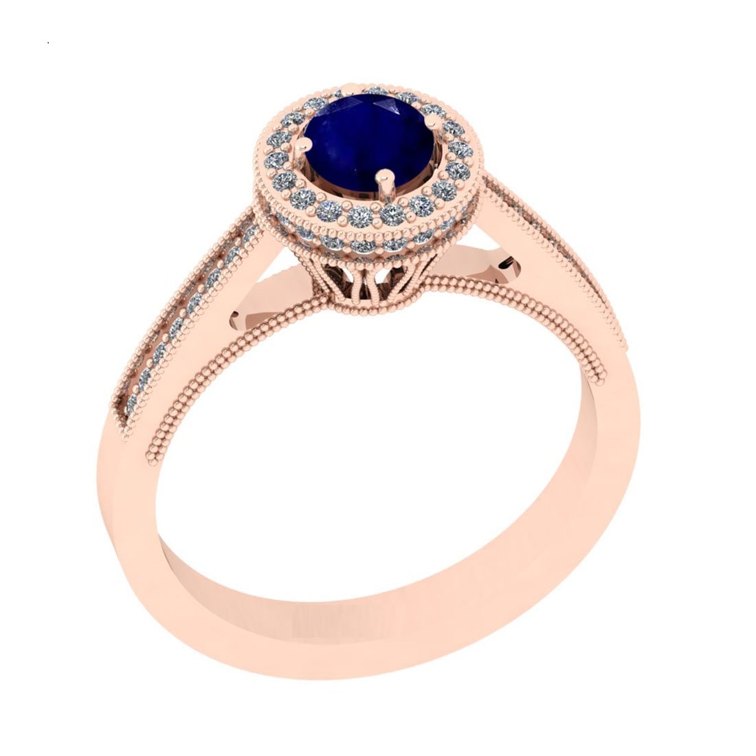 0.82 Ctw VS/SI1 Blue Sapphire And Diamond 14K Rose Gold Engagement Halo Rin: Center Stone Weight : 0.50 Ctw (Round Cut) Center Stone Color : Blue Sapphire Stone Setting : Prong Side Stone Weight Of Ctw 0.32 Ctw Side Stone Color : J-K Stone Clarity : VS/SI1 Stone Setting : Pron