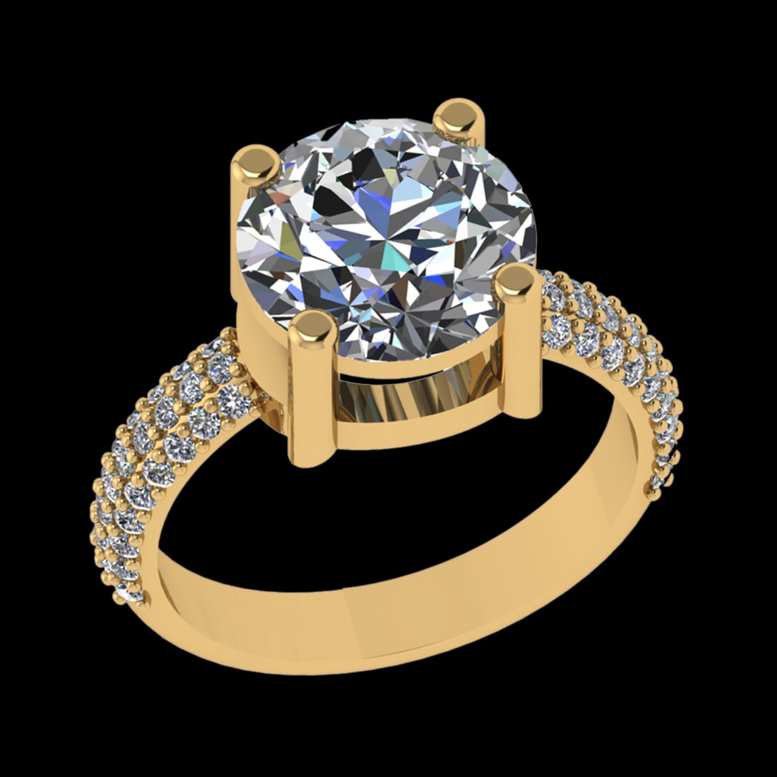 4.30 Ctw VS/SI1 Diamond Prong Set 18k Yellow Gold Engagement Ring (ALL DIAM: Center Daimond Weight :-3.87 Ctw (Round Cut) Color : G-H Clarity : VS/SI1 Side Diamond Weight Of Ctw 0.43 Ctw Color : G-H Clarity : VS/SI1 Daimond Setting : Prong Metal Weight : Approx 5.45 gram 18k Y