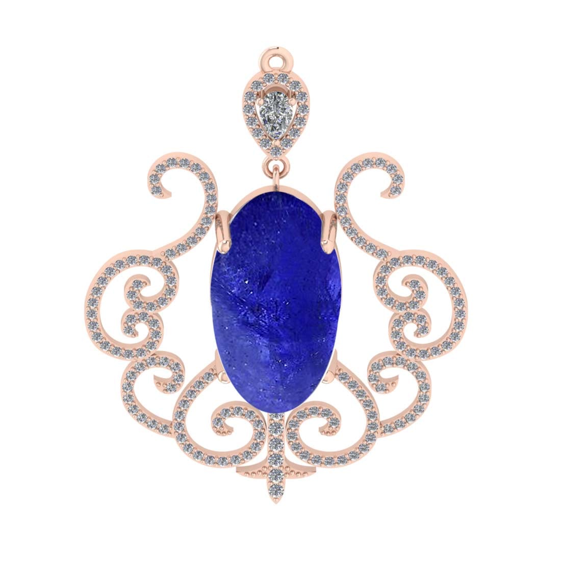 17.97 CtwVS/SI1 Tanzanite and Diamond 14k Rose Gold Pendant (ALL DIAMOND AR: Center Stone Weight :-16.83 Ctw ( Oval Cab) Center Stone Color :-Tanzanite Center Stone Setting : Prong Side Diamond Weight Of Ctw :- 1.14 Ctw Color : J-K Clarity : VS/SI1 Daimond Setting : Prong Meta