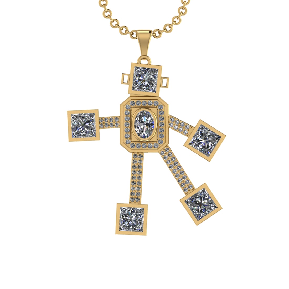 5.15 Ctw VS/SI1 Diamond 14K Yellow Gold robot theme Necklace (ALL DIAMOND A: Center Diamond Weight :-4.50 Ctw (6pec Oval & Princess cut) Color :- J-K Clarity : VS/SI1 Center Stone Setting : Prong Side Diamond Weight Of Ctw 0.65 Ctw Color : J-K Clarity : VS/SI1 Stone Setting : 