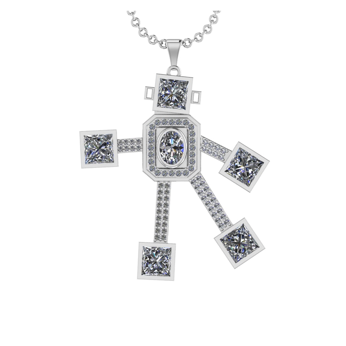 5.15 Ctw VS/SI1 Diamond 14K White Gold robot theme Necklace (ALL DIAMOND AR: Center Diamond Weight :-4.50 Ctw (6pec Oval & Princess cut) Color :- J-K Clarity : VS/SI1 Center Stone Setting : Prong Side Diamond Weight Of Ctw 0.65 Ctw Color : J-K Clarity : VS/SI1 Stone Setting : 