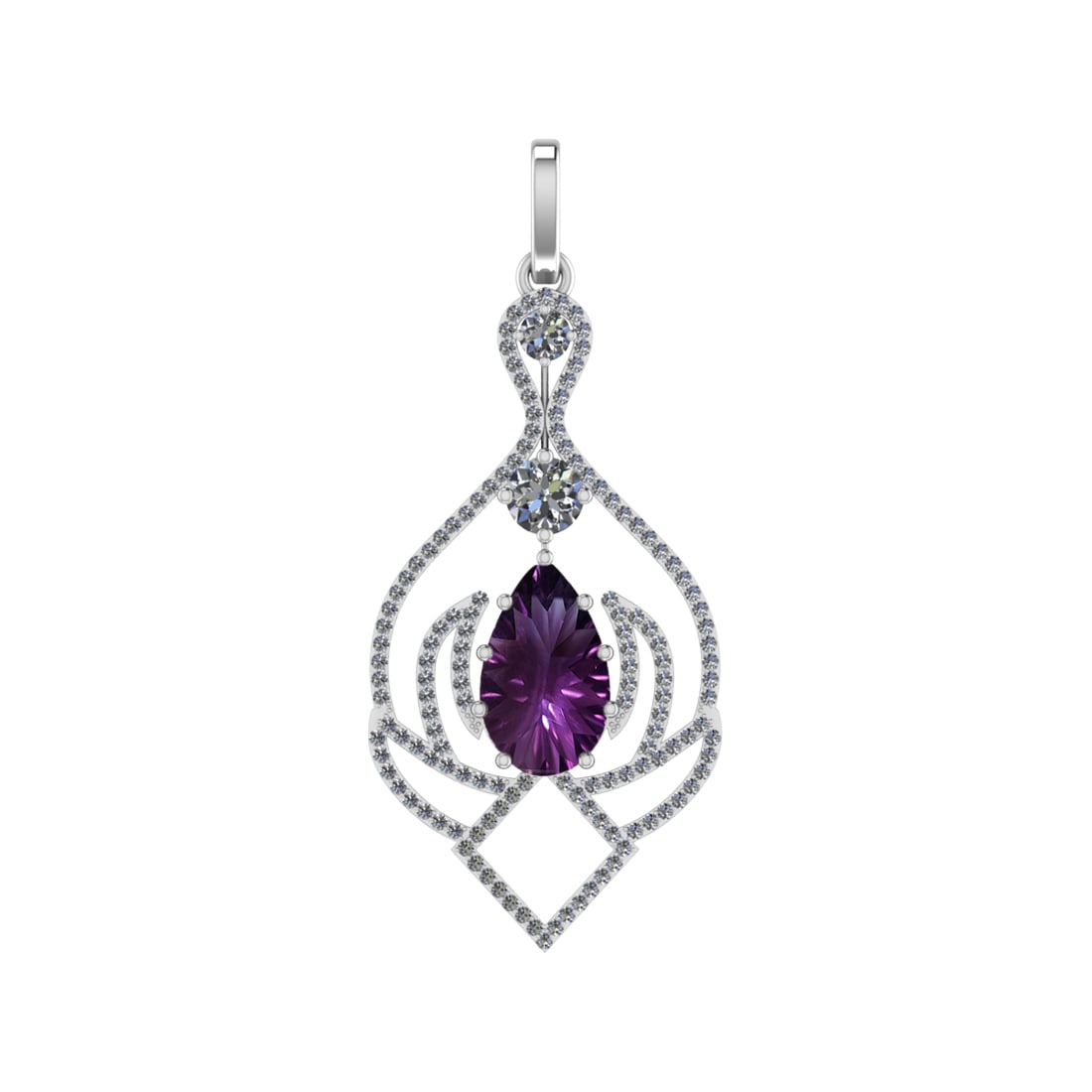 71.81 Ctw SI2/SI1 Amethyst and Diamond Prong Set 14k white Gold Pendant (AL: Center Stone Weight :-53.04 Ctw ( Pear Cut) Center Stone Color :-Amethyst Center Stone Setting : Prong Side Diamond Weight Of Ctw 18.77 Ctw Color : F-G Clarity : SI2/SI1 Stone Setting : Prong Metal We