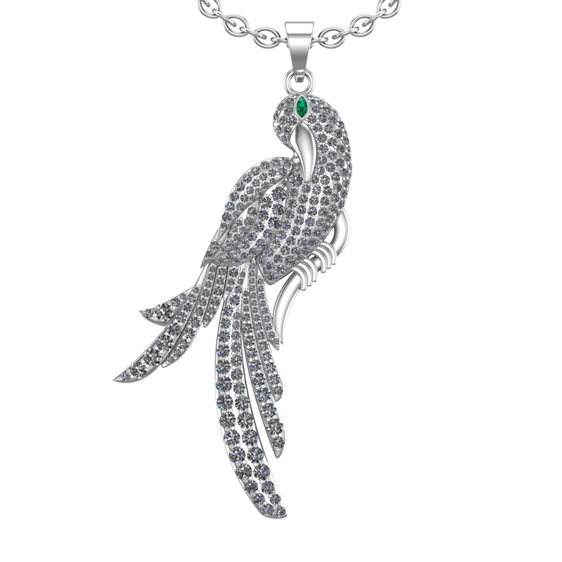 3.65 Ctw SI2/SI1 Diamond 14k White Gold Bird theme Pendant (ALL DIAMOND ARE: Eye stone Weight :- 0.14 ctw (Marquise cut) Eye Stone Color :- Emerald Total Diamond Weight :-3.51 Ctw (Round cut) Color :- G-H Clarity : SI2/SI1 Setting : Prong Metal Weight : Approx 18.90 gram 14k W