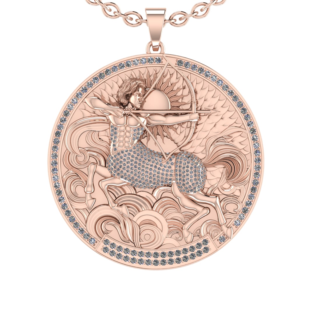 1.96 Ctw VS/SI1 Diamond 14K Rose Gold Zodiac sign theme Necklace (ALL DIAMO: Total Diamond Weight : 1.96 Ctw (Round cut) Center Diamond Color :- J-K Center Clarity : VS/SI1 Stone Setting : Prong Metal Weight : Approx 49.40 Gram 14K Rose Gold Zodiac sign theme Necklace (ALL DIA
