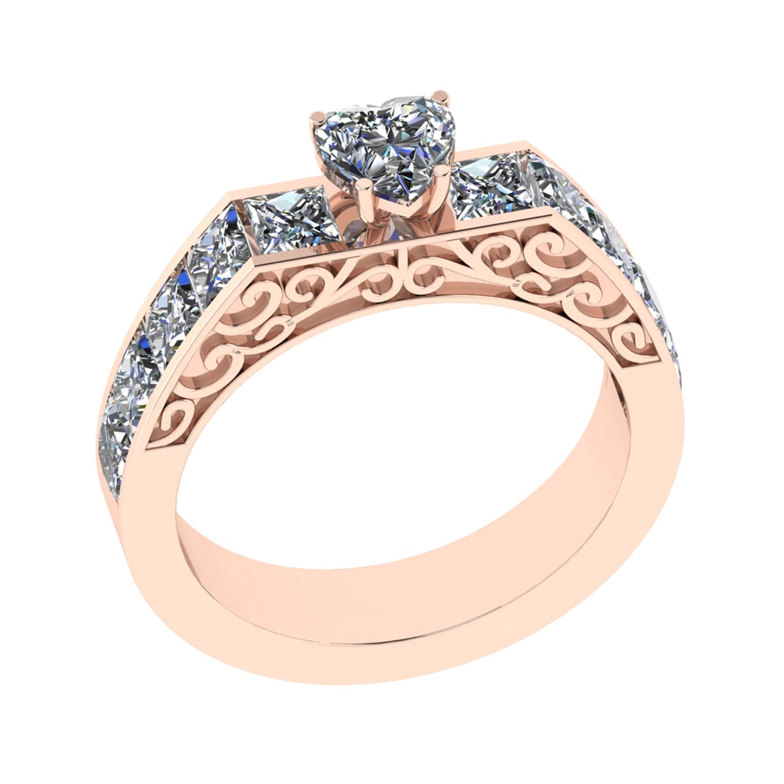 2.30 Ctw VS/SI1 Diamond Prong Set 14k Rose Gold Engagement Ring: Center Daimond Weight :-0.50 Ctw ( Heart Cut) Color : G-H Clarity : VS/SI1 Side Diamond Weight Of Ctw 1.80 Ctw Color : G-H Clarity : VS/SI1 Daimond Setting : Prong Metal Weight : Approx 4.91 gram 14k 