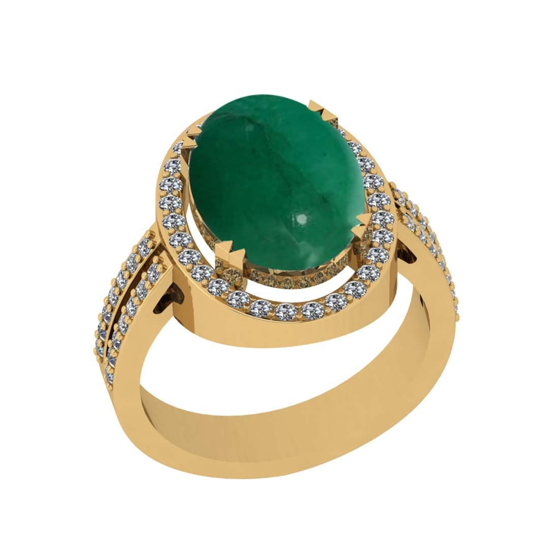 5.80 Ctw VS/SI1 Emerald and Diamond Prong Set 14k Yellow Gold Engagement Ri: Center Stone Weight :-5.22 Ctw ( Oval Cab ) Center Stone Color :-Emerald Center Stone Setting : Prong Side Diamond Weight Of Ctw :- 0.58 Ctw Color : J-K Clarity : VS/SI1 Daimond Setting : Prong Metal 