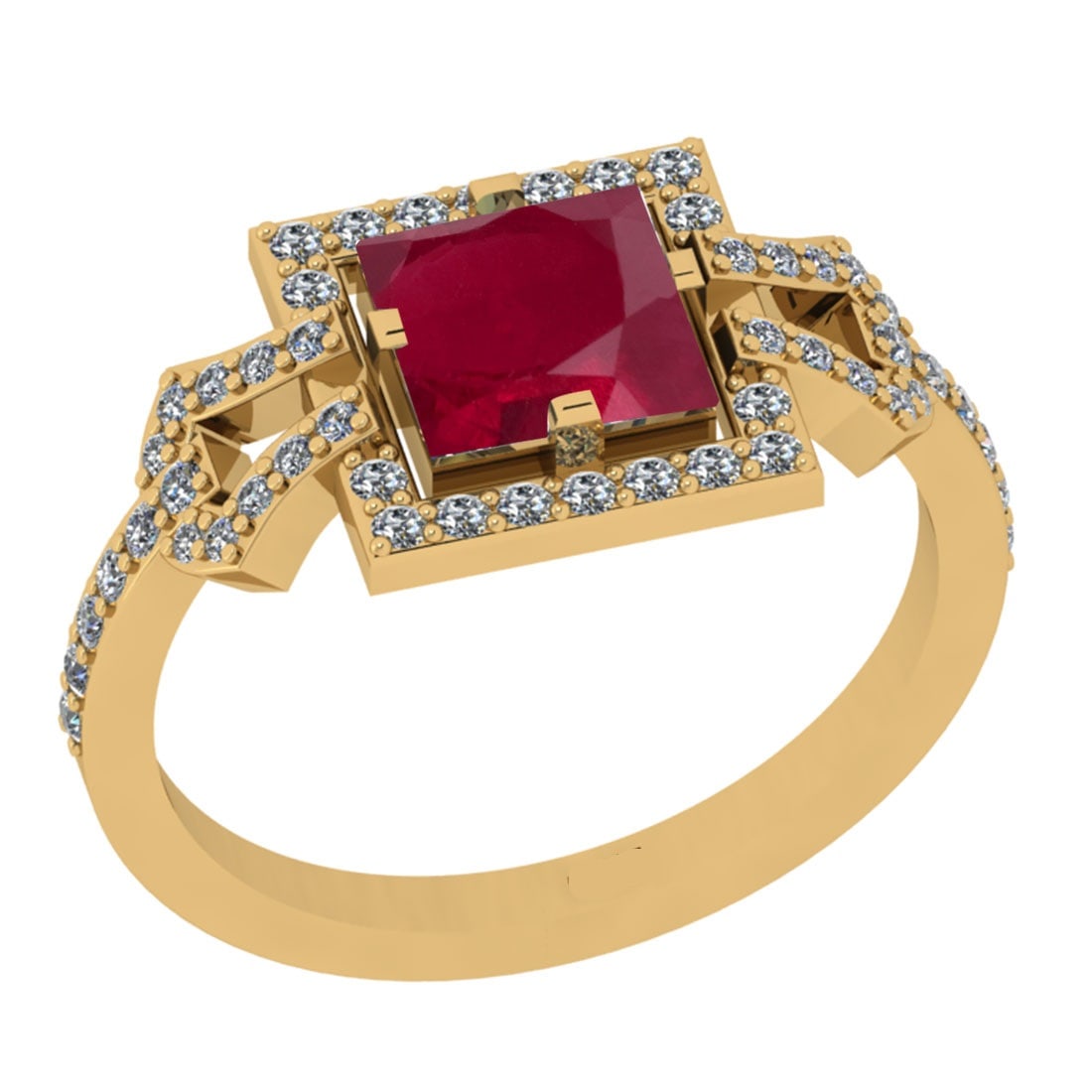 1.34 Ctw VS/SI1 Ruby And Diamond 14K Yellow Gold Wedding Halo Ring: Center Stone Weight : 1.00 Ctw (Cushion Cut )Center Stone Color : Ruby Stone Setting : Prong Side Stone Weight Of Ctw 0.34 Ctw Side Stone Color : J-K Stone Clarity : VS/SI1 Stone Setting : Prong Metal