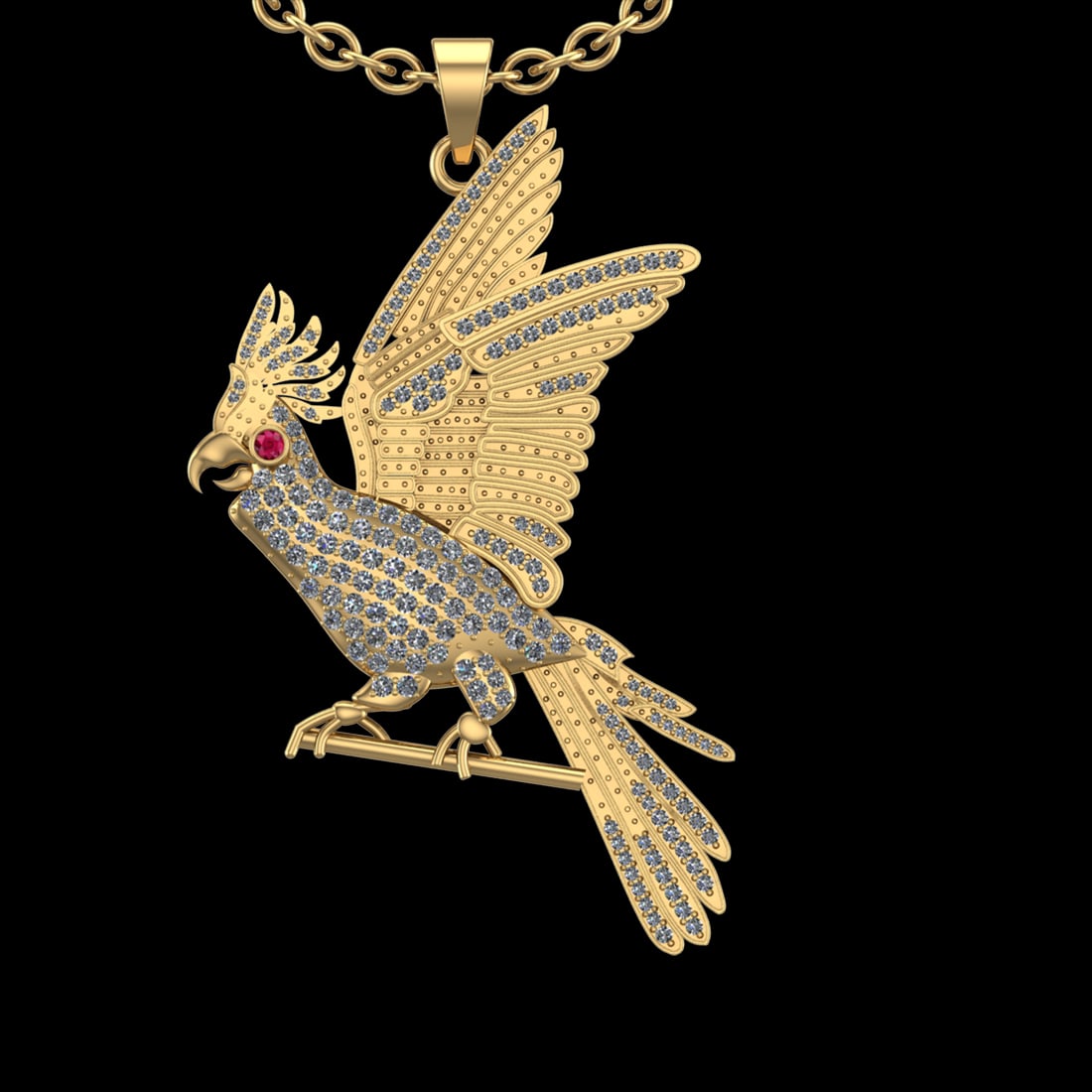 1.72 Ctw VS/SI1 Ruby and Diamond Prong Set 18K Yellow Gold Birds Necklace (: Eye stone weight :-0.02 ctw Eye stone Color :- Ruby ( Round cut ) Total Diamond Weight : 1.70 Ctw (Round cut) Center Diamond Color :- G-H Center Clarity : VS/SI1 Stone Setting : Prong Metal Weight : A