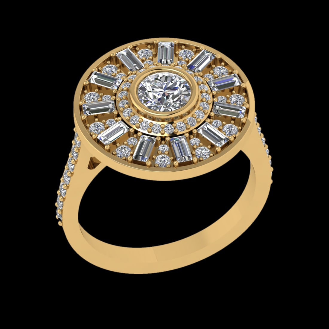 2.51 Ctw VS/SI1 Diamond Prong Set 18K Yellow Gold Engagement Ring: Center Diamond Weight :-: 2.00 Ctw ( Round & baguette Cut) Color :- G-H Clarity : VS/SI1 Center Stone Setting : Prong Side Diamond Weight Of Ctw 0.51 Ctw Color : G-H Clarity : VS/SI1 Stone Setting : P