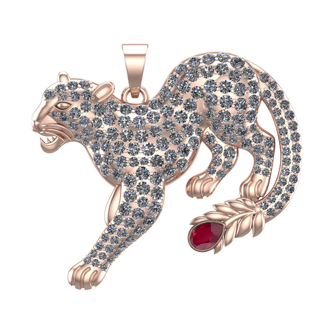 6.61 Ctw VS/SI1 Ruby and Diamond 14k Rose Gold creature theme panther Penda: Center Stone Weight :-0.50 Ctw ( Pear Cut) Center Stone Color :-Ruby Center Stone Setting : Prong Side Diamond Weight Of Ctw :- 6.11 Ctw Color : J-K Clarity : VS/SI1 Daimond Setting : Prong Metal Weig