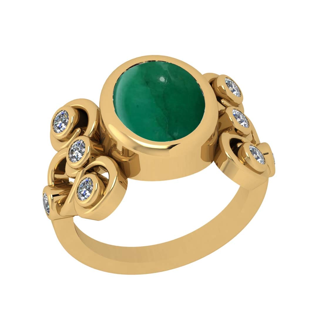 3.93 Ctw VS/SI1 Emerald and Diamond Bezel Set 14k Yellow Gold Engagement Ri: Center Stone Weight :-3.47 Ctw ( Oval Cab ) Center Stone Color :-Emerald Center Stone Setting : Bezel Side Diamond Weight Of Ctw :- 0.46 Ctw Color : J-K Clarity : VS/SI1 Daimond Setting : Bezel Metal 