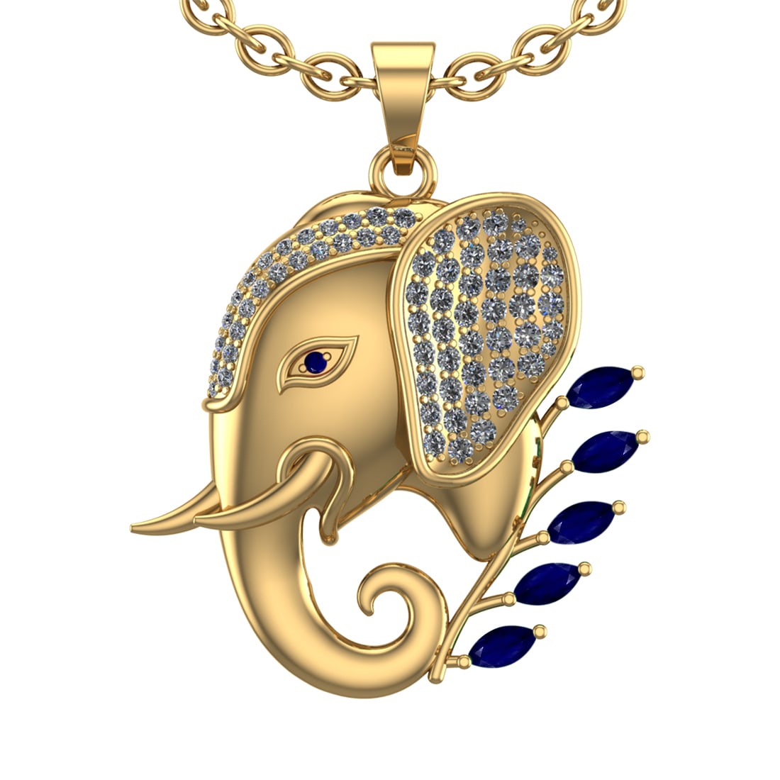 1.99 Ctw VS/SI1 Blue Sapphire and Diamond 14k Yellow Gold Animal theme Elep: Center Stone Weight :-0.75 Ctw ( Marquise & Round Cut) Center Stone Color :-Blue Sapphire Center Stone Setting : Prong Side Diamond Weight Of Ctw :- 1.24 Ctw Color : J-K Clarity : VS/SI1 Daimond Setti