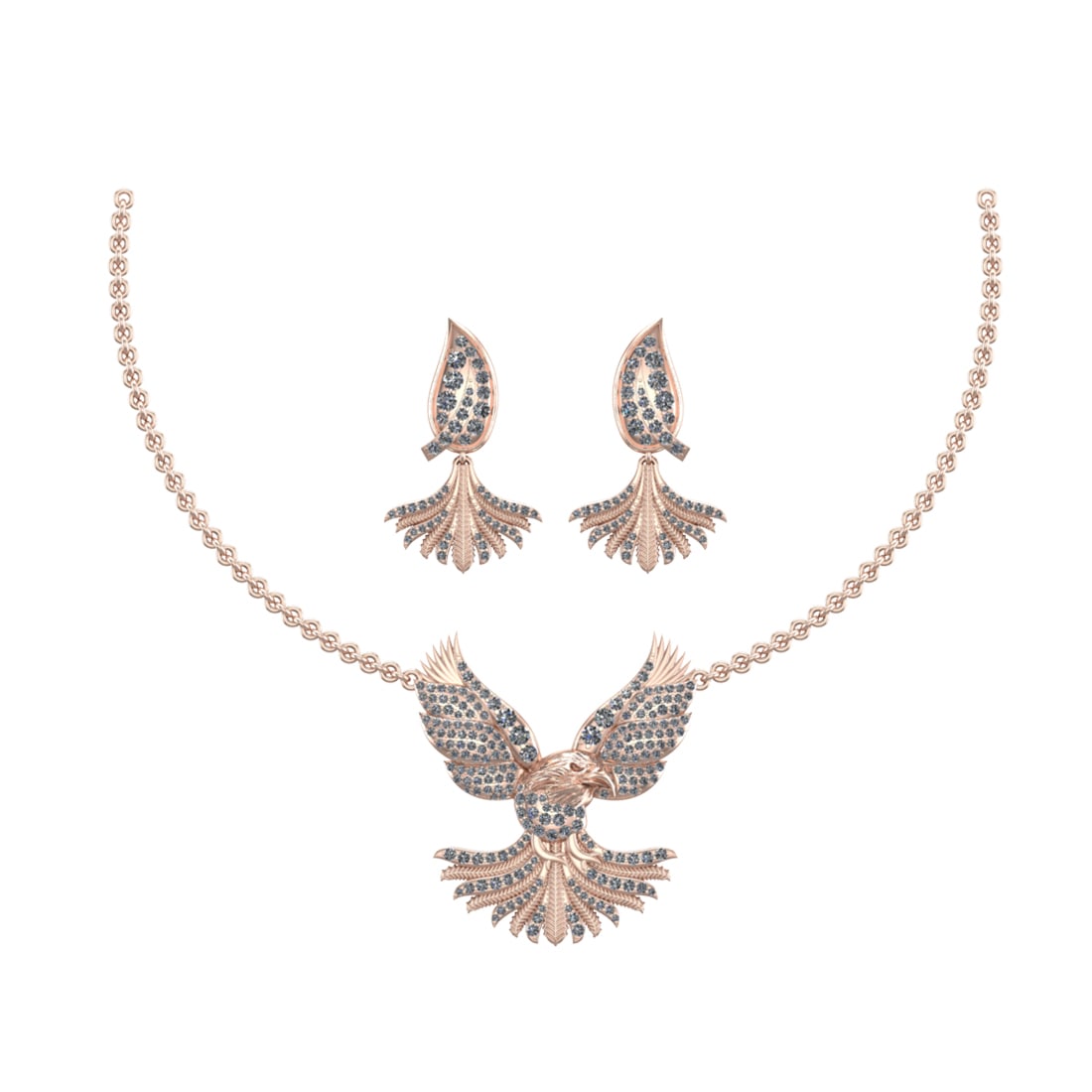 3.64 Ctw SI2/SI1 Diamond Prong Set 14k Rose Gold Eagle Theme Pendant (ALL D: Total Daimond Weight :-3.64 Ctw Color : G-H Clarity : SI2/SI1 Setting : Prong Metal Weight : Approx 40.35 gram 14k Rose Gold Eagle Theme Pendant (ALL DIAMOND ARE LAB GROWN )Necklace + Earrings (ALL DI