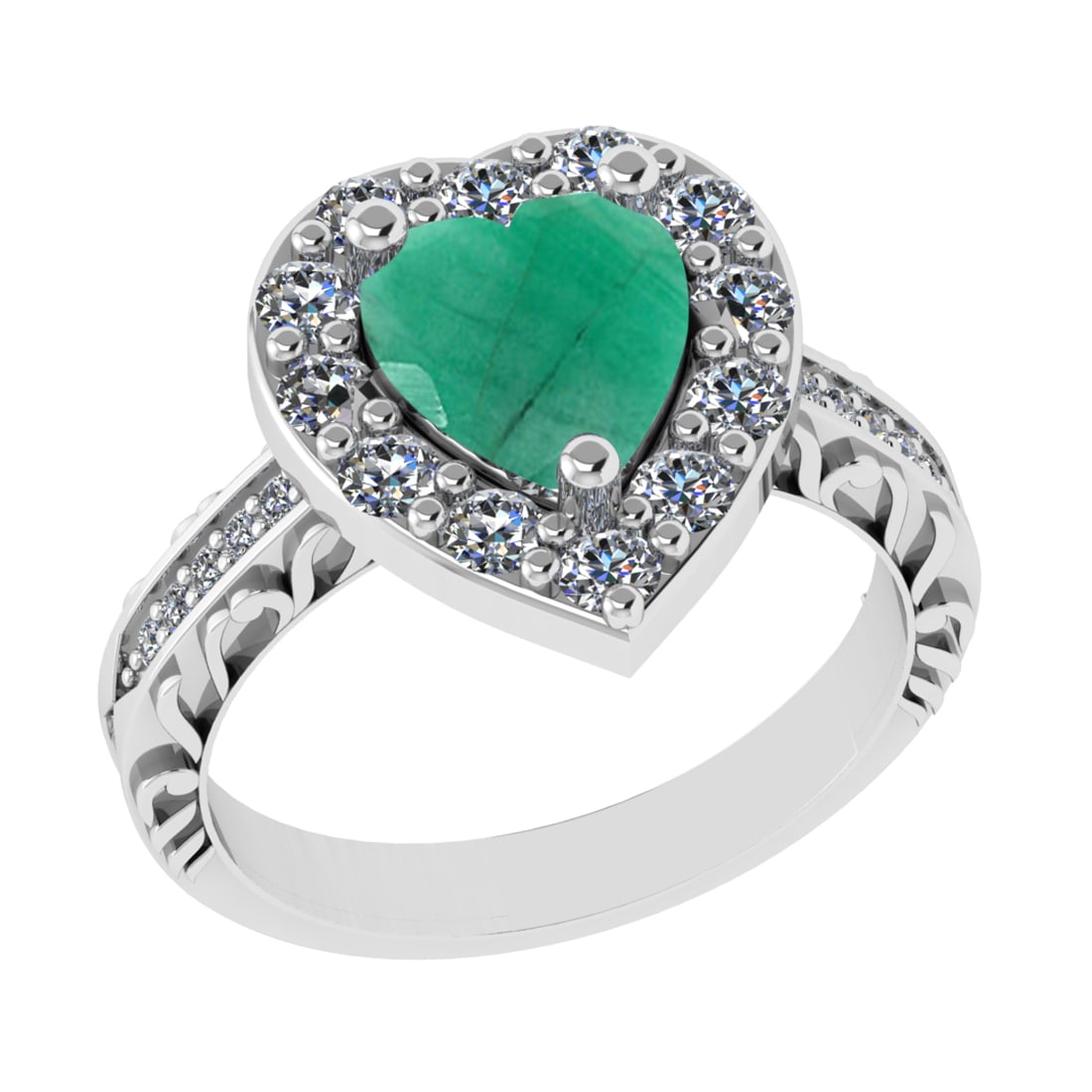2.52 Ctw VS/SI1 Emerald And Diamond 14k White Gold Engagement Ring (ALL DIA: Center Stone Weight : 1.50 Ctw ( Heart Cut ) Center Stone Color : Emerald Stone Setting : Prong Side Diamond Weight Of Ctw 1.02 Ctw Side Stone Color : G-H Stone Clarity : VS/SI1 Stone Setting : Prong 