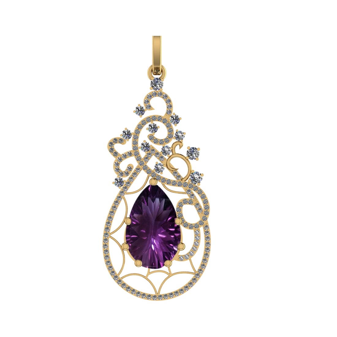 93.13 Ctw SI2/SI1 Amethyst and Diamond Prong Set 14k Yellow Gold Pendant (A: Center Stone Weight :-84.66 Ctw ( Pear Cut) Center Stone Color :-Amethyst Center Stone Setting : Prong Side Diamond Weight Of Ctw 8.47 Ctw Color : F-G Clarity : SI2/SI1 Stone Setting : Prong Metal Wei