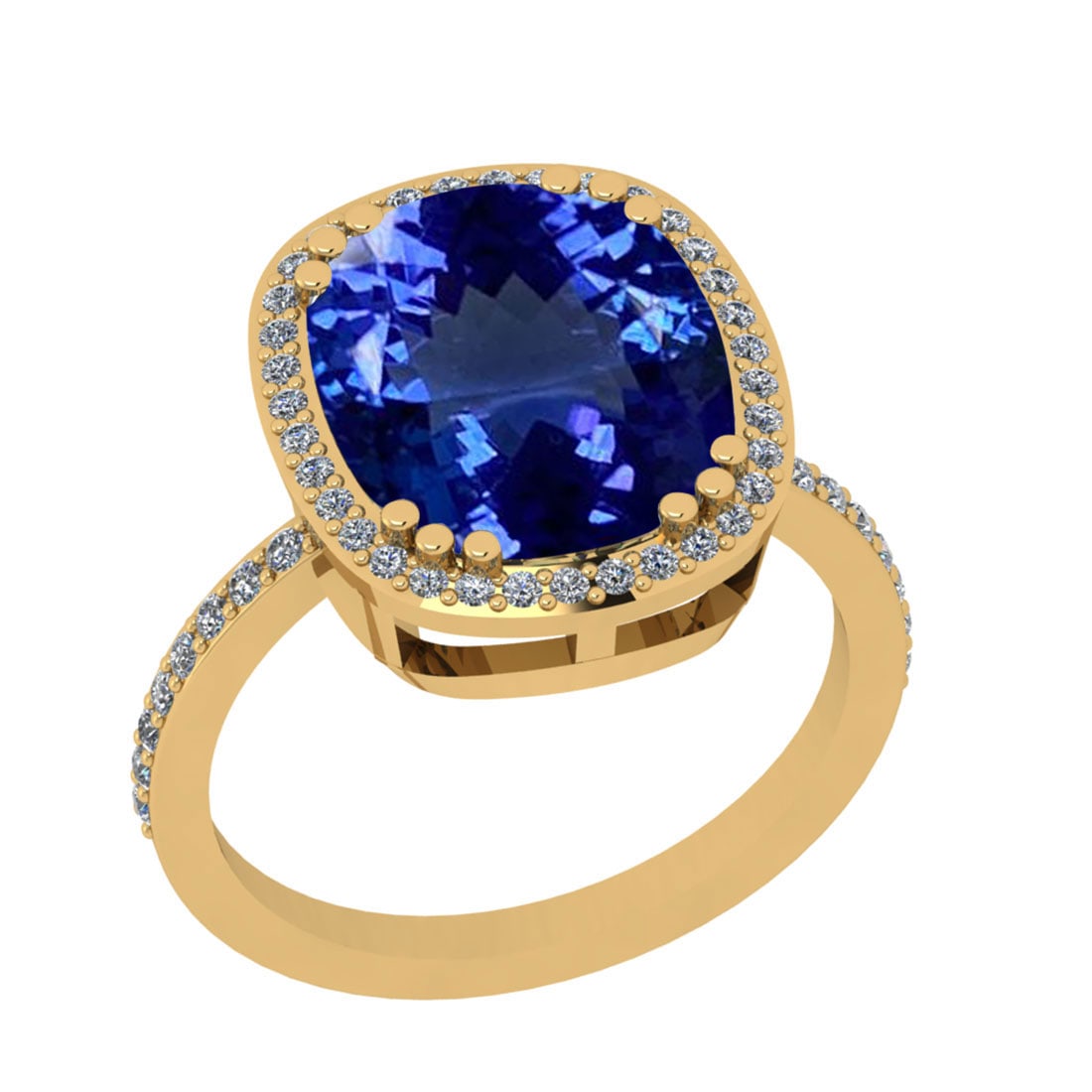 5.20 Ctw VS/SI1 Tanzanite And Diamond 18k Yellow Gold Cocktail Ring: Center Stone Weight : 4.86 Ctw (Cushion Cut ) Center Stone Color : Tanzanite Stone Setting : Prong Side Stone Weight Of Ctw 0.34 Ctw Side Stone Color : J-K Stone Clarity : VS/SI1 Stone Setting : Prong