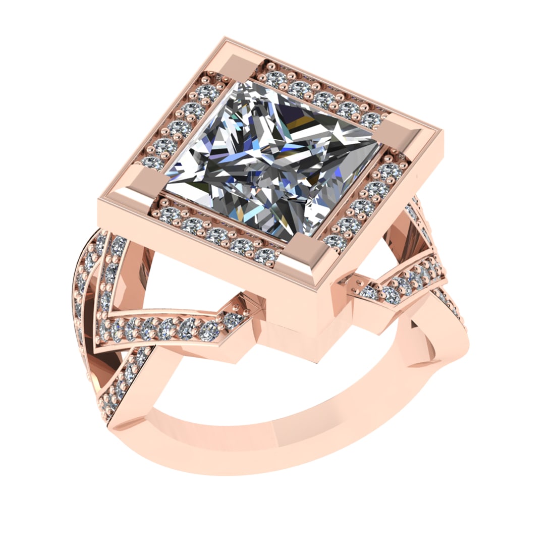 5.32 Ctw VS/SI1 Diamond 14k Rose Gold Engagement Ring (ALL DIAMOND ARE LAB: Center Daimond Weight :-4.12 Ctw ( Princess Cut) Color : G-H Clarity : VS/SI1 Side Diamond Weight Of Ctw 1.20 Ctw Color : G-H Clarity : VS/SI1 Daimond Setting : Prong Metal Weight : Approx 10.67 gram 
