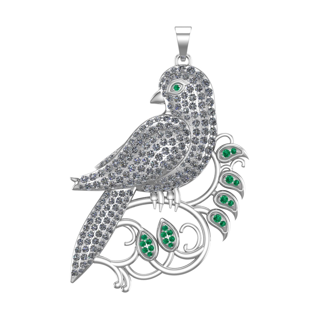 2.93 Ctw SI2/SI1 Diamond Prong Set 14k white Gold Bird Theme Pendant (ALL D: Color Stone Weight :- 0.10 ctw stone color :-Emerald setting :- Prong Total Daimond Weight :-2.83 Ctw Color : G-H Clarity : SI2/SI1 Setting : Prong Metal Weight : Approx 16.13 Gram 14k White Gold Bird