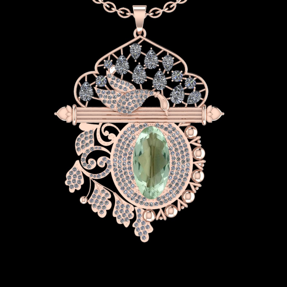 22.47 Ctw VS/SI1 Green Amethyst And Diamond 14K Rose Gold Necklace( ALL DIA: Center Stone Weight : 12.15 Ctw ( Oval Cut ) Center Stone Color : Green Amethyst Stone Setting : Prong Side Diamond Weight Of Ctw 10.32 Ctw Side Stone Color : J-K Stone Clarity : VS/SI1 Stone Setting 