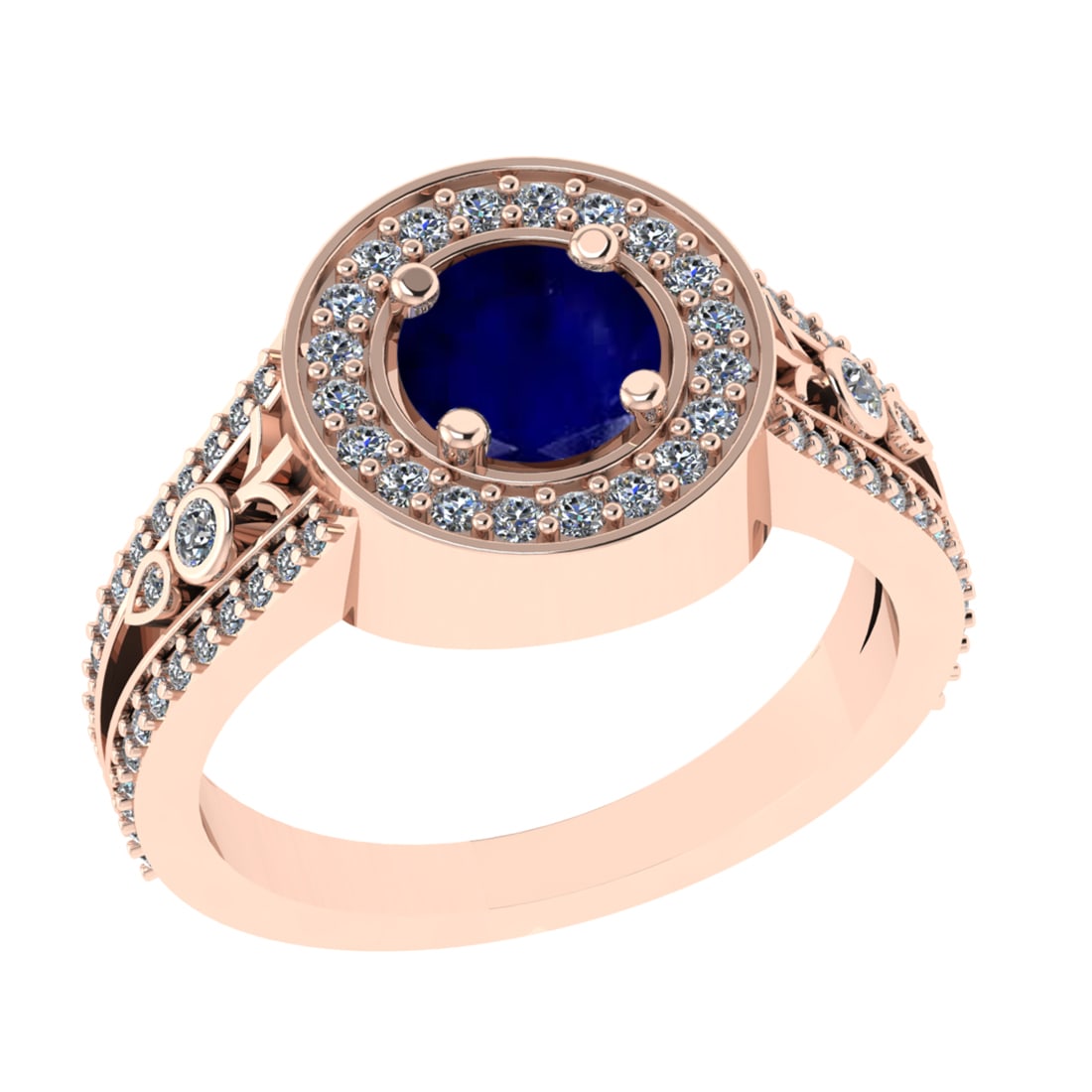 1.36 Ctw VS/SI1 Blue Sapphire and Diamond 14k Rose Gold Engagement Ring: Center Stone Weight :-0.84 Ctw ( Round Cut) Center Stone Color :-Blue Sapphire Center Stone Setting : Prong Side Diamond Weight Of Ctw :- 0.52 Ctw Color : J-K Clarity : VS/SI1 Daimond Setting : Prong 