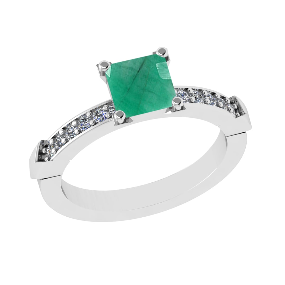 1.46 Ctw VS/SI1 Emerald and Diamond 14k white Gold Engagement Ring: Center Stone Weight :-1.25 Ctw ( Princess Cut) Center Stone Color :-Emerald Center Stone Setting : Prong Side Diamond Weight Of Ctw :- 0.21 Ctw Color : J-K Clarity : VS/SI1 Daimond Setting : Prong Met