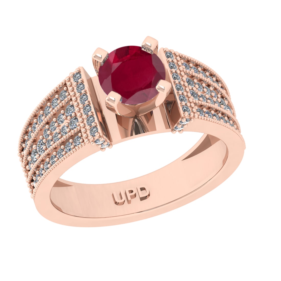 1.26 Ctw VS/SI1 Ruby and Diamond 14k Rose Gold Engagement Ring (ALL DIAMOND: Center Stone Weight :-0.84 Ctw ( Round Cut) Center Stone Color :-Ruby Center Stone Setting : Prong Side Diamond Weight Of Ctw :- 0.42 Ctw Color : J-K Clarity : VS/SI1 Daimond Setting : Prong Metal Wei
