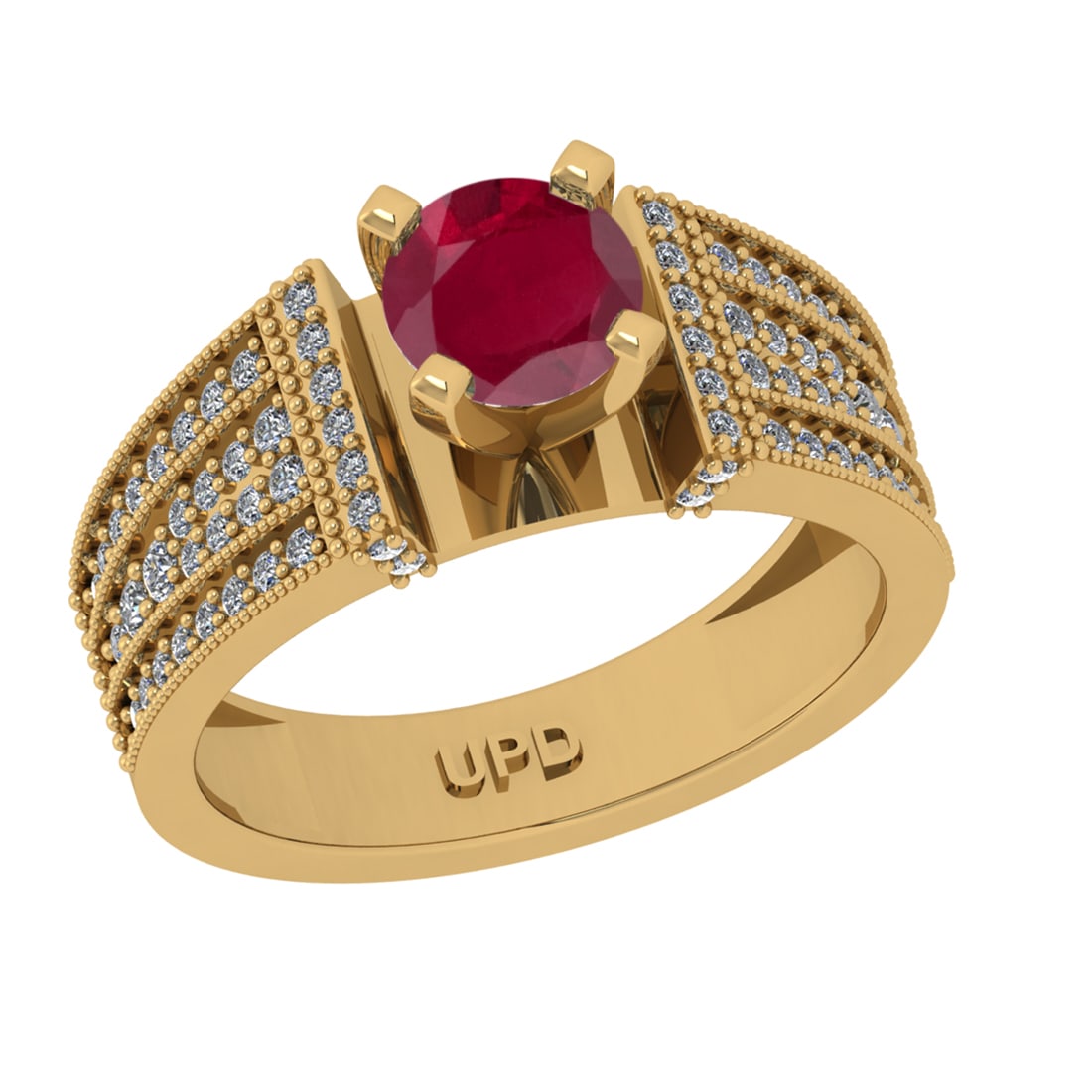 1.26 Ctw VS/SI1 Ruby and Diamond 14k Yellow Gold Engagement Ring (ALL DIAMO: Center Stone Weight :-0.84 Ctw ( Round Cut) Center Stone Color :-Ruby Center Stone Setting : Prong Side Diamond Weight Of Ctw :- 0.42 Ctw Color : J-K Clarity : VS/SI1 Daimond Setting : Prong Metal Wei