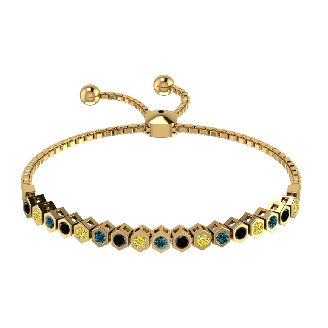 1.40 Ctw I2/I3 Treated Fancy black,Blue,Yellow diamond Prong Set 14k Rose G: Multi Daimond Weight :-1.40 Ctw Color : Treated Fancy black,Blue,Yellow diamond Clarity : I2/I3 Setting : Prong Metal Weight : Approx 6.70 gram 14k Rose Gold Tennis Slide Bracelet B410-2.7(2)SB #3SS96