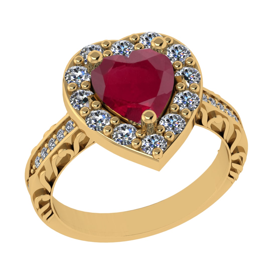2.52 Ctw VS/SI1 Ruby And Diamond 14k Yellow Gold Engagement Ring (ALL DIAMO: Center Stone Weight : 1.50 Ctw ( Heart Cut ) Center Stone Color : Ruby Stone Setting : Prong Side Diamond Weight Of Ctw 1.02 Ctw Side Stone Color : G-H Stone Clarity : VS/SI1 Stone Setting : Prong Met