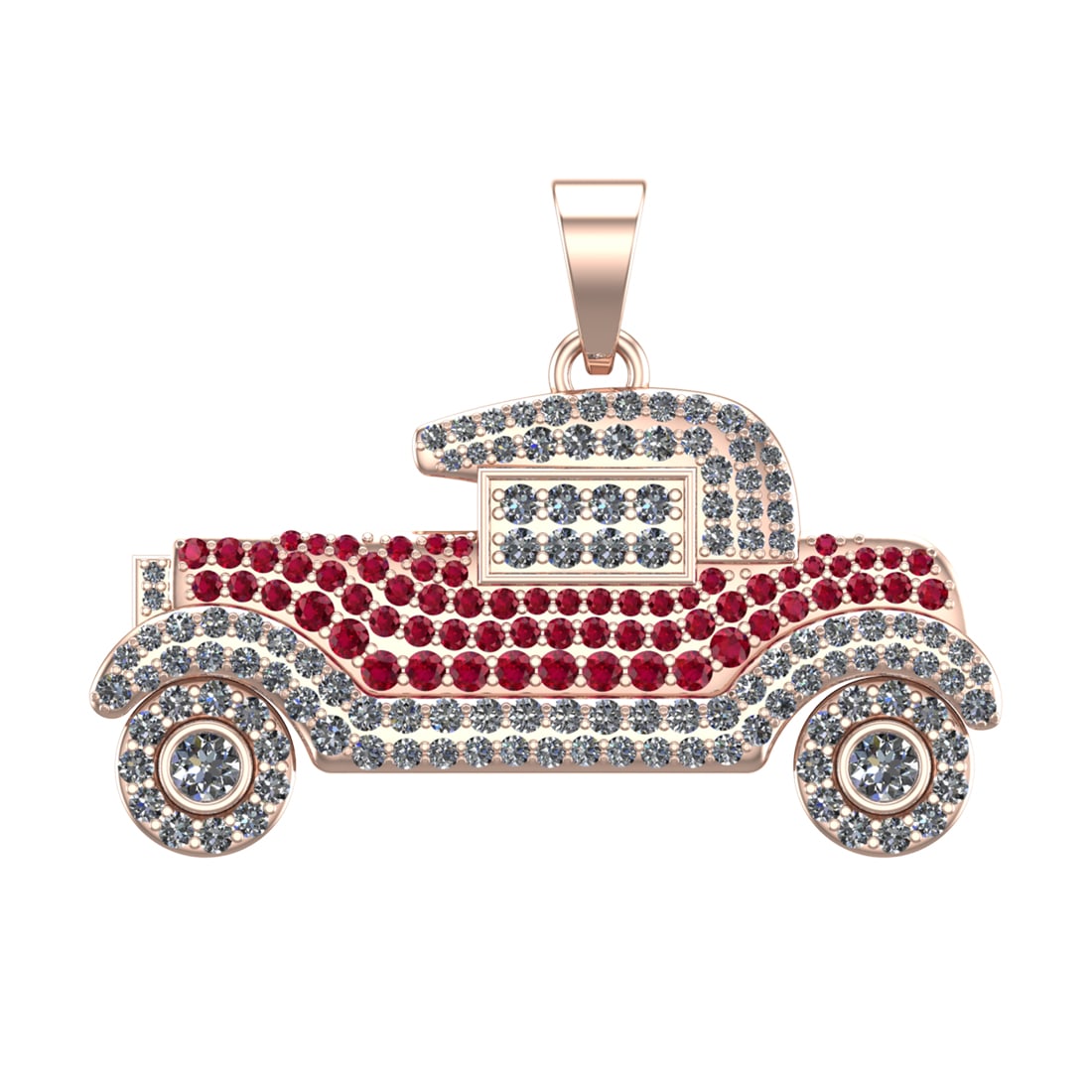 2.64 Ctw SI2/SI1 Diamond Prong Set 14k Rose Gold Vintage car Theme Pendant: Color Stone Weight :- 1.10 ctw stone color :-Ruby setting :- Prong Total Daimond Weight :-1.54 Ctw Color : G-H Clarity : SI2/SI1 Setting : Prong Metal Weight : Approx 15.40 Gram 14k Rose Gold Vintage 