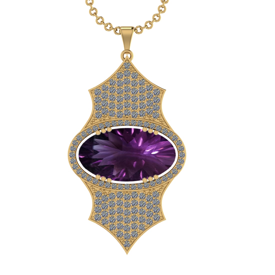 36.27 Ctw VS/SI1 Amethyst and Diamond Prong Set 14k Yellow Gold Pendant (AL: Center Stone Weight : 33.86 Ctw ( Oval Cut) Center Stone Color :-Amethyst Setting : Prong Side Weight Of Ctw 2.41 Ctw Color : J-K Clarity : VS/SI1 Stone Setting : Prong Metal Weight : Approx 16.80 gra
