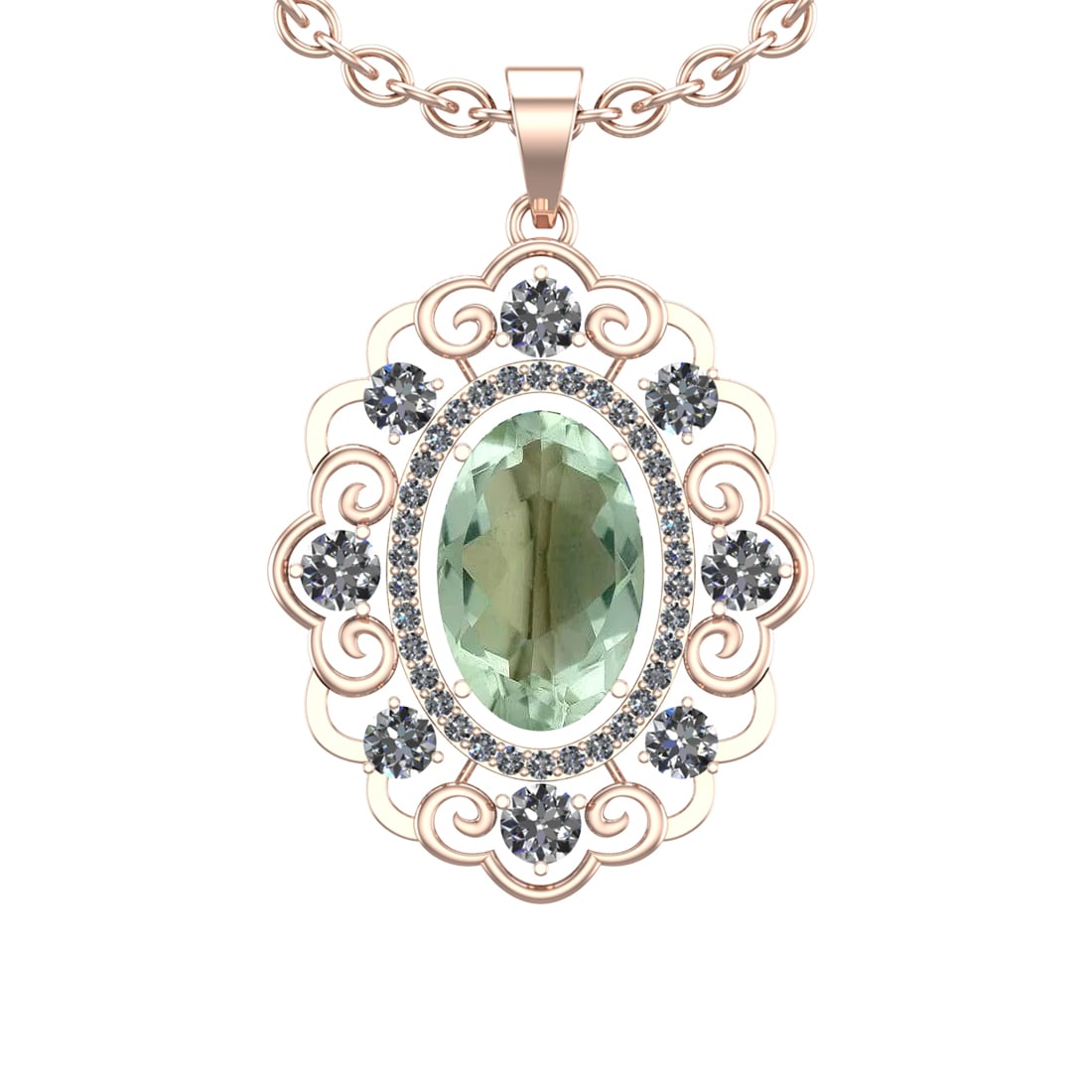 20.23 Ctw I2/I3 Green Amethyst And Diamond 10K Rose Gold Necklace(ALL DIAMO: Center Stone Weight : 16.18 Ctw ( Oval Cut ) Center Stone Color : Green Amethyst Stone Setting : Prong Side Diamond Weight Of Ctw 4.05 Ctw Side Stone Color : J-K Stone Clarity : I2/I3 Stone Setting : 