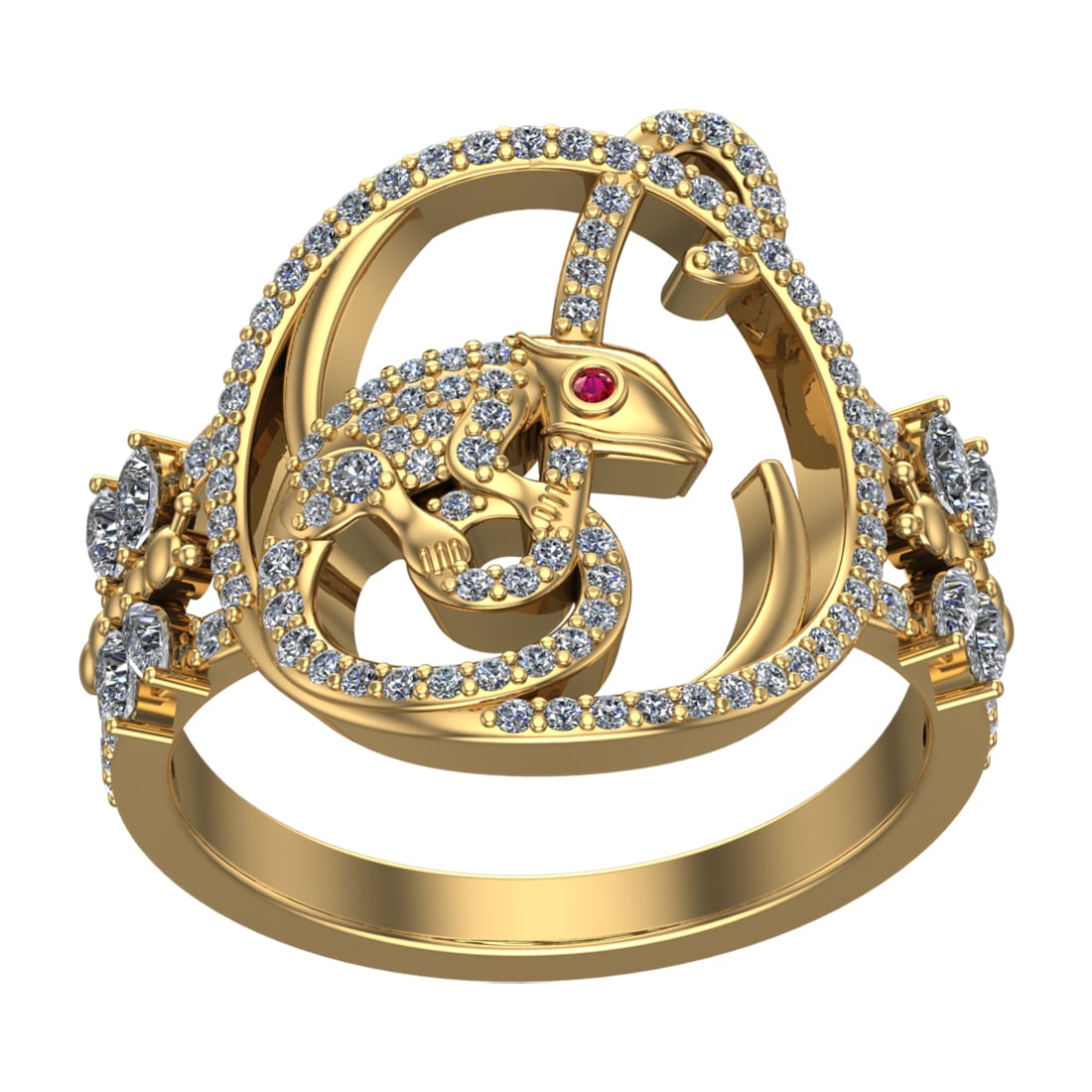 0.81 Ctw VS/SI1 Diamond 14k Yellow Gold Creature theme Ring (ALL DIAMOND AR: Eye Stone Weight:- 0.02 ctw Eye Stone Color :- (Ruby) Total Daimond Weight :-0.79 Ctw Color : G-H Clarity : VS/SI1 Setting : Prong Metal Weight : Approx 7.42 gram 14k Yellow Gold Creature theme Ring C
