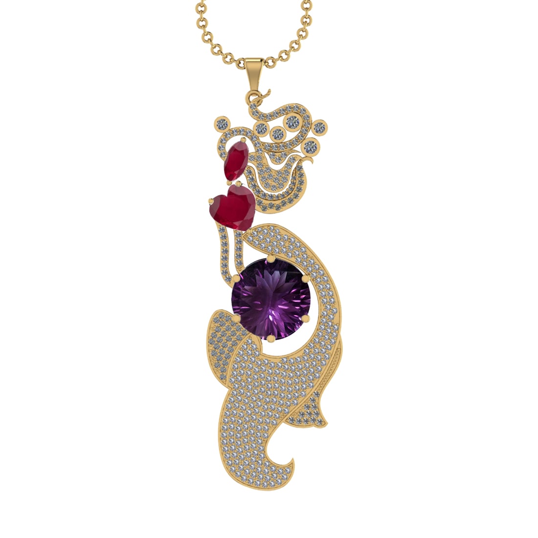27.19 Ctw VS/SI1 Ruby,Amethyst and Diamond Prong Set 14k Yellow Gold Pendan: Center Stone Weight : 24.29 Ctw ( Round Cut ) Center Stone Color :-Amethyst Color Stone Weight : 2.90 Ctw ( Heart & Marquise Cut) Center Stone Color :-Ruby Setting : Prong Side Weight Of Ctw 5.40 Ctw 