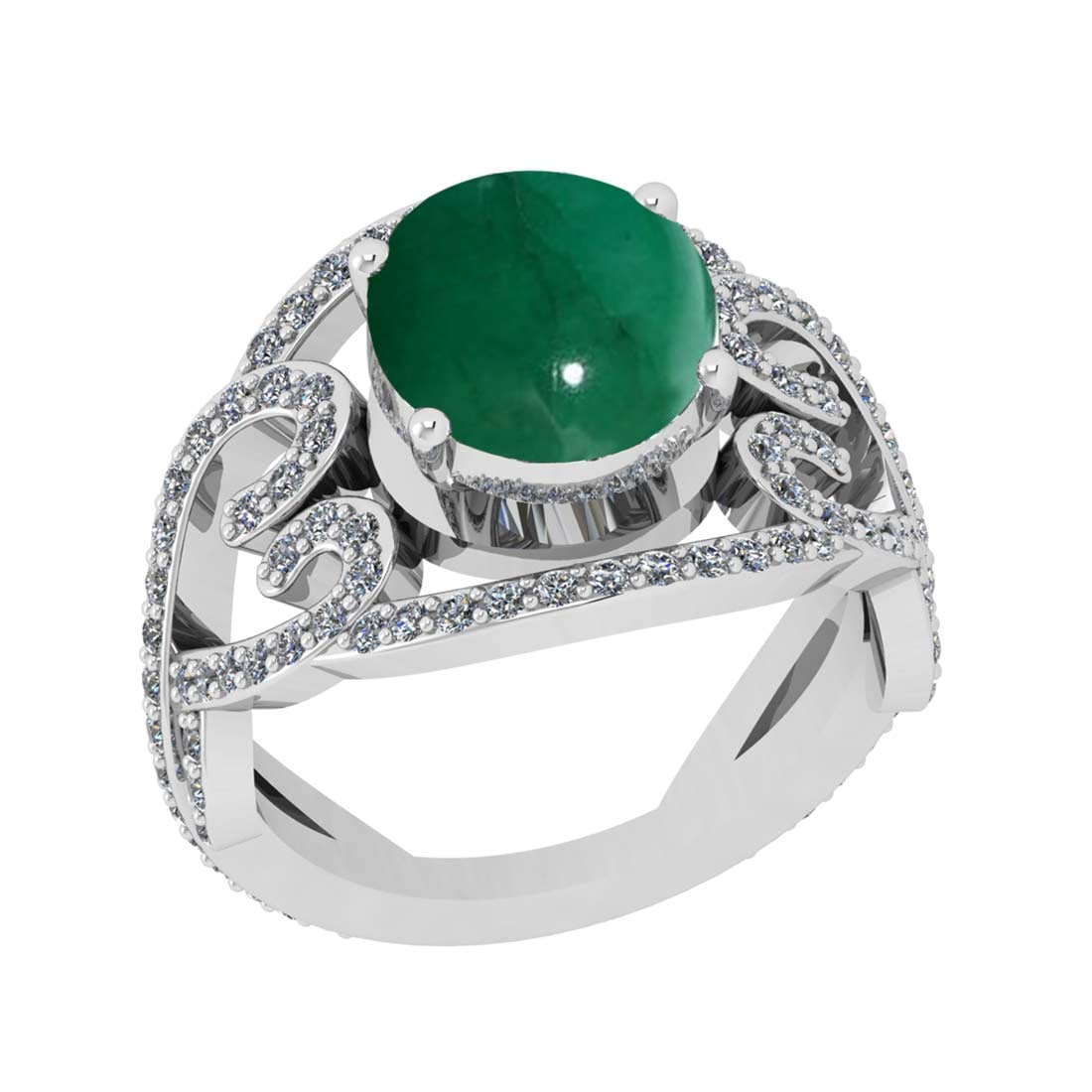 4.77 Ctw VS/SI1 Emerald and Diamond Prong Set 14k White Gold Engagement Rin: Center Stone Weight :-3.93 Ctw ( Oval Cab ) Center Stone Color :-Emerald Center Stone Setting : Prong Side Diamond Weight Of Ctw :- 0.84 Ctw Color : J-K Clarity : VS/SI1 Daimond Setting : Prong Metal 