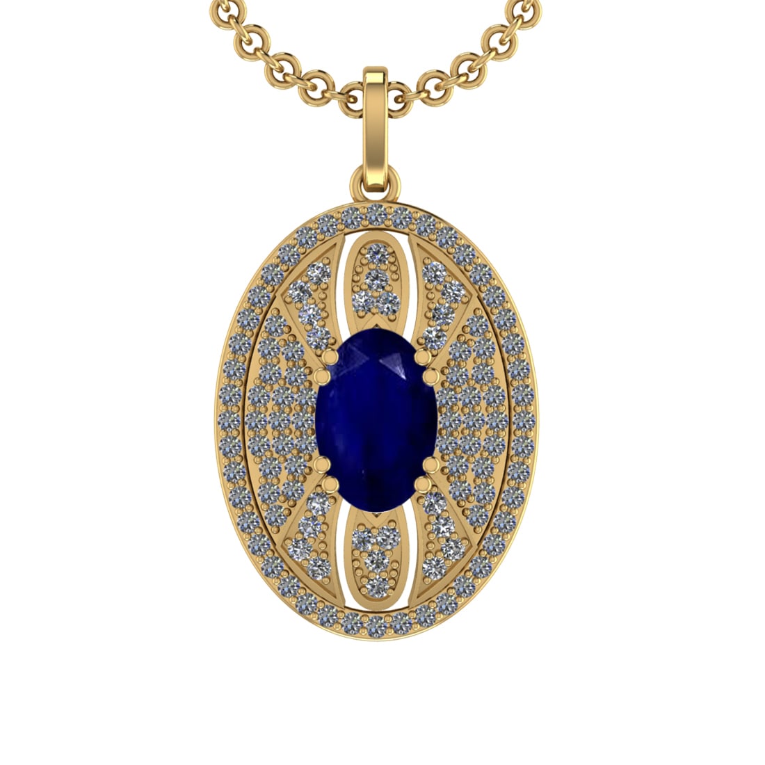 5.15 Ctw VS/SI1 Blue Sapphire and Diamond 14K Yellow Gold Pendant (ALL DIAM: Center Stone Weight :-3.50 Ctw ( Oval Cut) Color :- Blue Sapphire Setting : Prong Side Diamond Weight Of Ctw 1.65 Ctw Color : J-K Clarity : VS/SI1 Stone Setting : Prong Metal Weight : Approx 10.50 gra