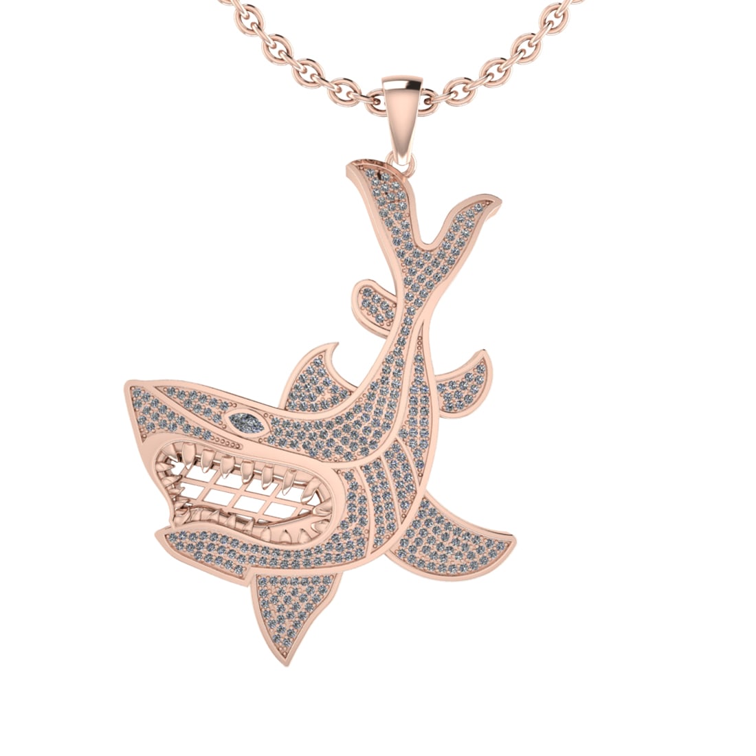 1.71 Ctw SI2/SI1 Diamond Style Prong Set 18K Rose Gold Shark Fish Necklace: Total Diamond Weight : 1.71 Ctw (Round & Marquise Cut) Center Stone Color :- G-H Center Stone Clarity : SI2/SI1 Stone Setting : Prong Metal Weight : Approx 16.80 Gram 18K Rose Gold Shark Fish Necklace