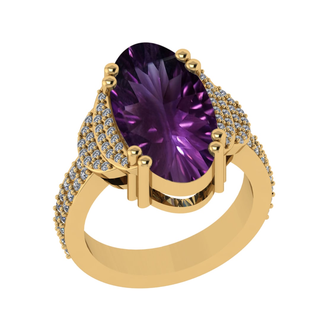 14.46 Ctw VS/SI1 Amethyst and Diamond Prong Set 14k Yellow Gold Engagement: Center Stone Weight : 13.90 Ctw ( Oval Cut) Center Stone Color :-Amethyst Setting : Prong Side Weight Of Ctw 0.56 Ctw Color : J-K Clarity : VS/SI1 Stone Setting : Prong Metal Weight : Approx 9.90 gram