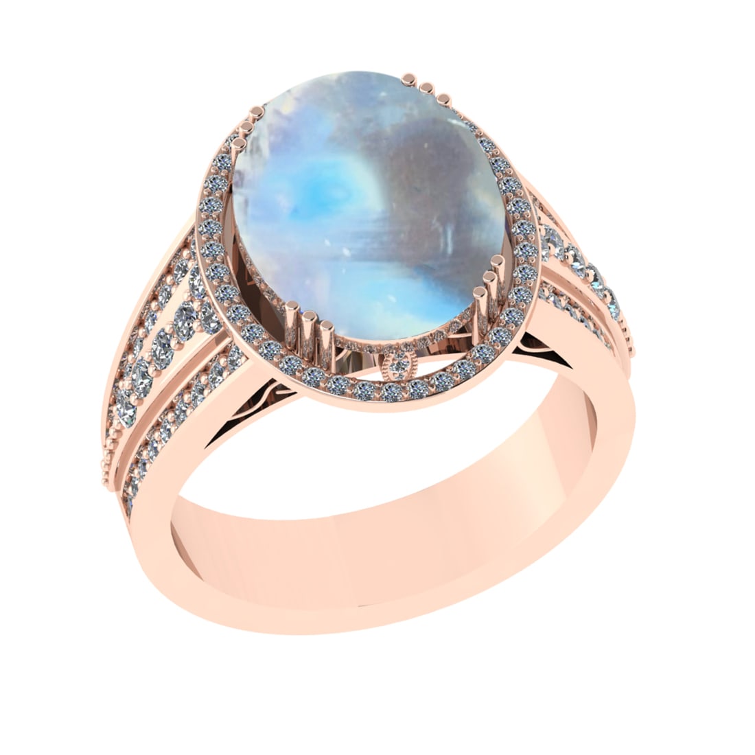 5.95 Ctw I2/I3 Rainbow Moonstone And Diamond 10K Rose Gold Engagement Ring(: Center Stone Weight : 5.35 Ctw ( Oval Cab ) Center Stone Color : Rainbow Moonstone Stone Setting : Prong Side Diamond Weight Of Ctw 0.60 Ctw Side Stone Color : J-K Stone Clarity : I2/I3 Stone Setting 