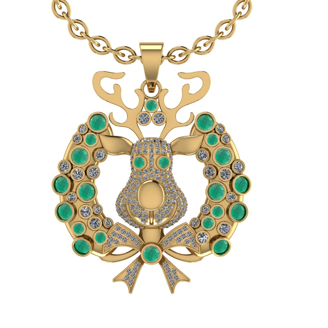 3.02Ctw VS/SI1 Emerald and Diamond 14K Yellow Gold Necklace(ALL DIAMOND ARE: Center Stone Weight 1.79Ctw (Round cut) Color :- Emerald Center Stone Setting : Prong Side Diamond Weight Of Ctw1.23Ctw Color : J-K Clarity : VS/SI1 Stone Setting : Prong Metal Weight : Approx32.10gra