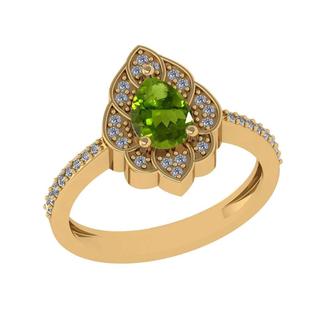 0.94 Ctw VS/SI1 Peridot and Diamond Set 10K Yellow Gold Engagaement Ring (A: Center Stone Weight :-0.75 Ctw ( Pear Cut) Center Stone Color :-Peridot Center Stone Setting : Prong Side Diamond Weight Of Ctw 0.19 Ctw Color : J-K Clarity : VS/SI1 Daimond Setting : Prong Metal Weig